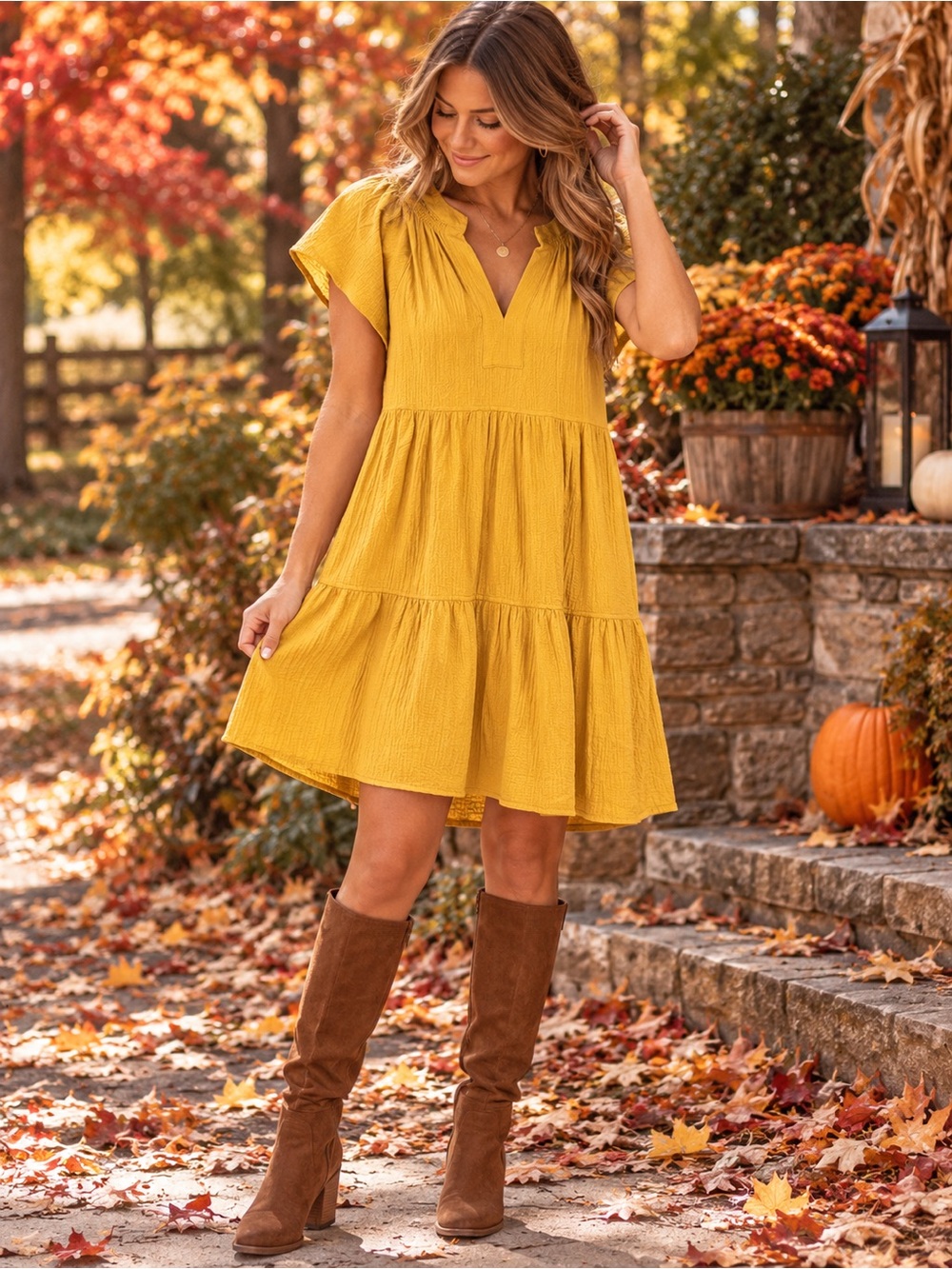 Calvin Klein Mustard Tiered V-Neck Mini Dress
